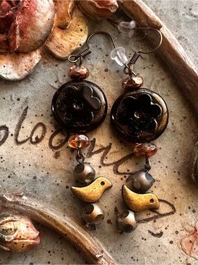 Hand Crafted Bronze & Brown Bird Charm Drop Czech Beaded pierced Earrings